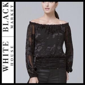 🔥SALE🔥 Black Off-Shoulder Silk Blend Smocked Waist Blouse